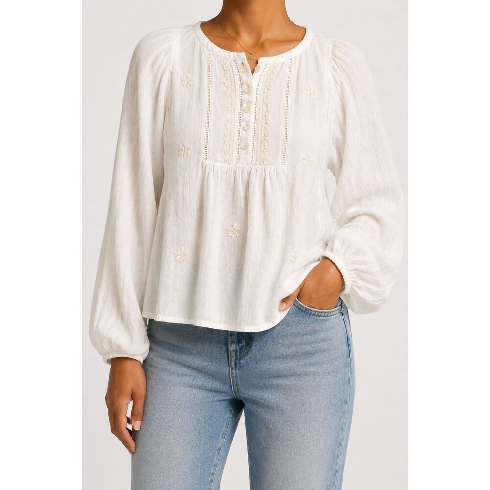 House of Harlow 1960 White Embroidered Peasant Blouse Large Boho Cottagecore